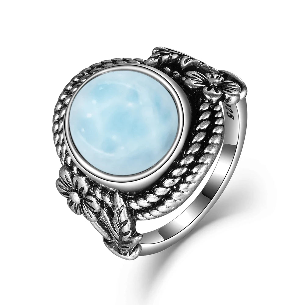 Vintage 925 Silver Ring Natural Larimar Stone Ring Round Flower Shape Sky Blue Summer Ring Fine Jewelry Gift for Men Women