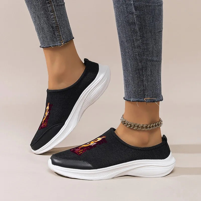 Women's Black Slip-On Casual Shoes: Platform Sole, Breathable Mesh, Trendy Print. Perfect for Shopping, Commuting & Dates.