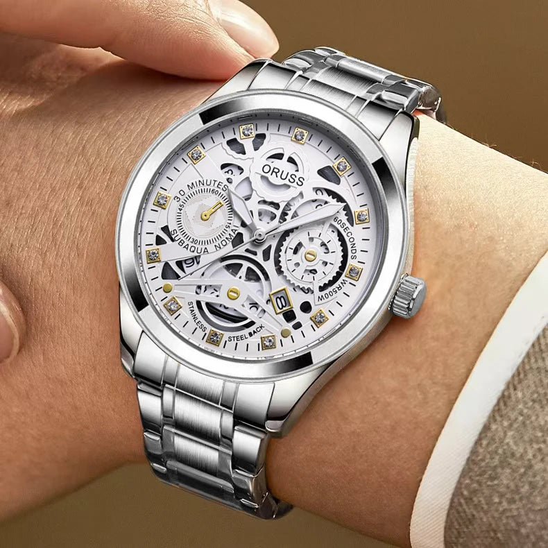 High-end personalized watches; fashionable stainless steel straps; durable and waterproof; hollow gear style; cool and trendy.