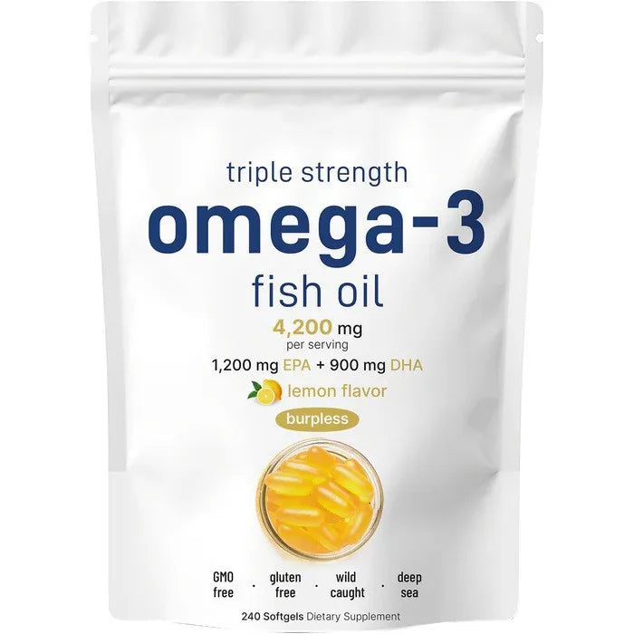 Triple Strength Omega 3 Fish Oil Supplements 4200mg Per Serving 120 Softgels Lemon Flavored Burpless EPA
