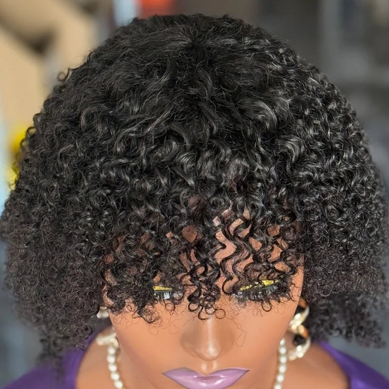 High Quality 180% Density Short Curly Fringe Wig Brazilian Virgin Remy Human Hair Natural Color Full Machine Made for Women