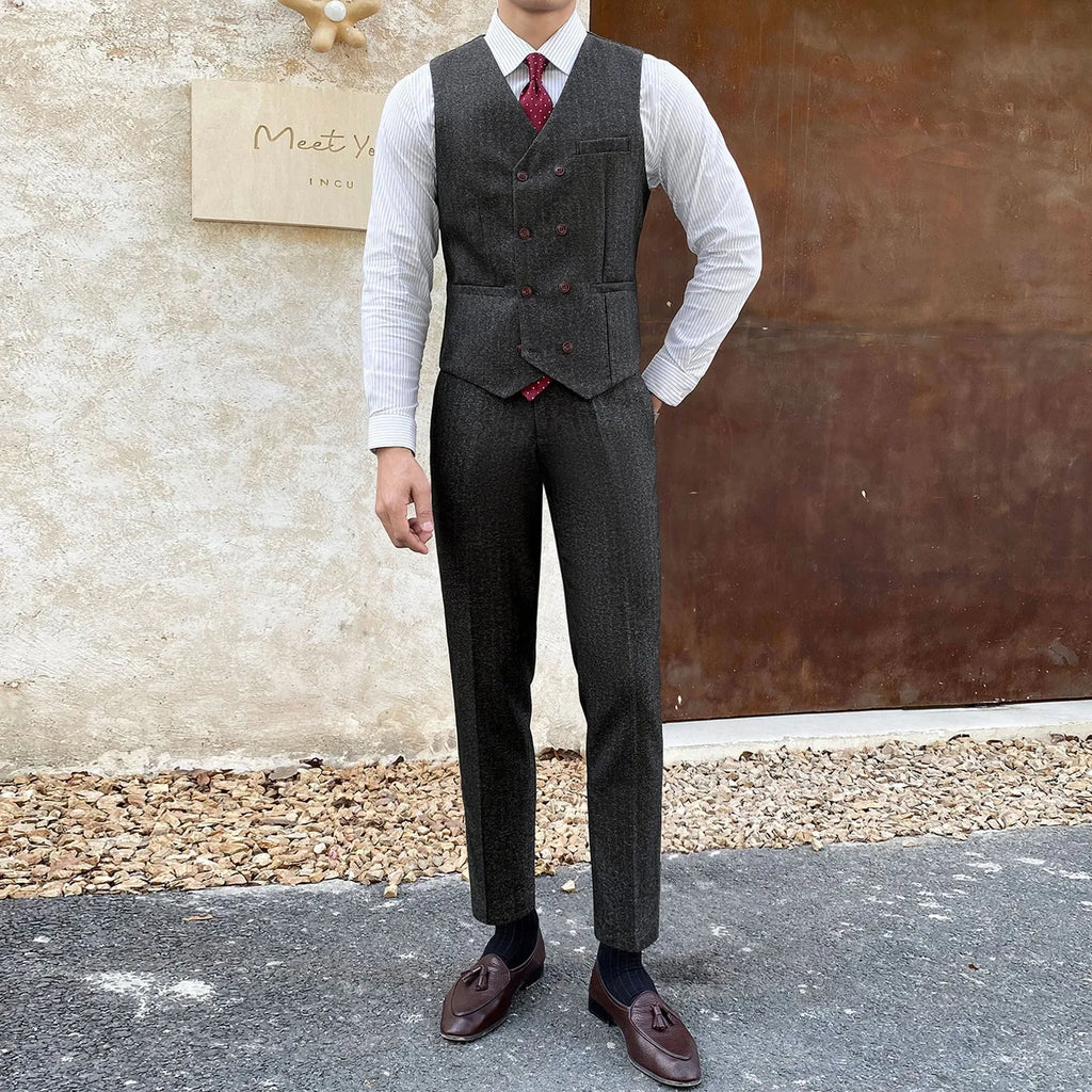 Vest Suit Men Groomsmen Clothes British Retro Tweed Vest Male Bridegroom Wedding Dress Brothers Outfit Waistcoat Pants Two Piece