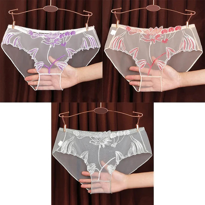 3PCS Solid Full Mesh Sexy Briefs Embroidered Floral Transparent Panties Plus Size Seamless Underwear Low Waist Erotic Lingerie