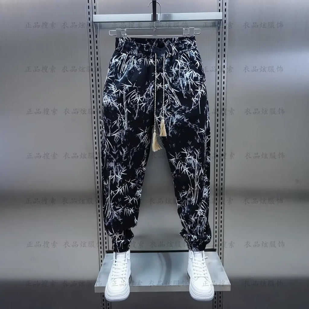 Men Harem Pants Joggers Bamboo Printed Drawstring Trousers Men breathable casual pants 2024 Summer Streetwear Casual Pants