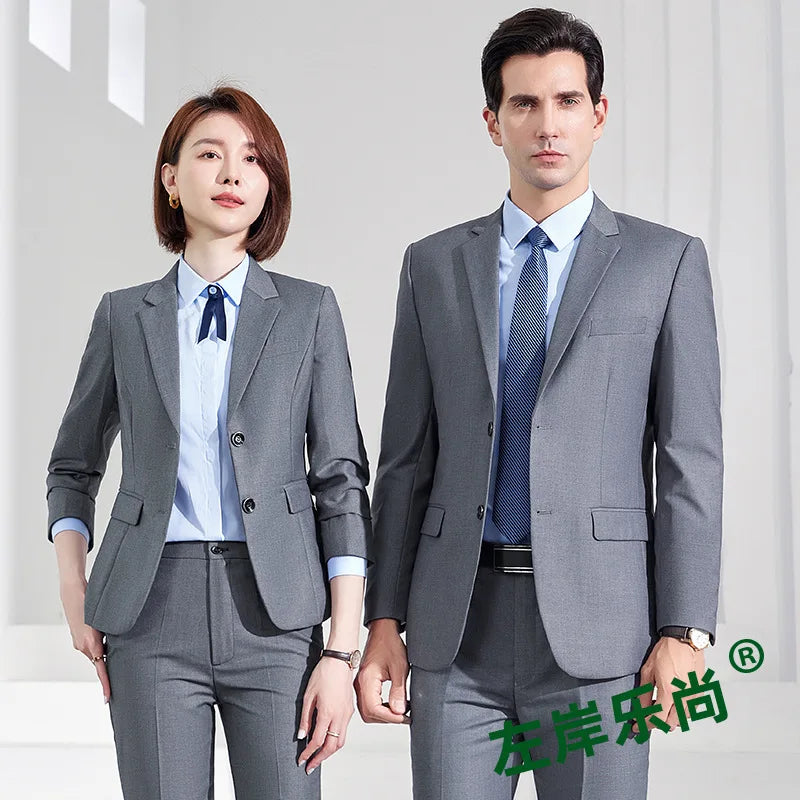 Men's Formal Business Suit Set Black Grey Blue Blazer Pants 2 Piece Work Wear For Office Sales Property 4S Store Staff