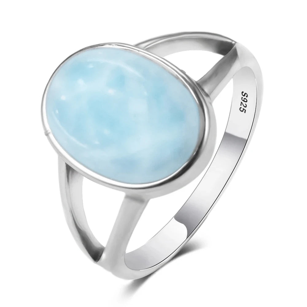 Vintage 925 Silver Ring Natural Larimar Stone Ring Round Flower Shape Sky Blue Summer Ring Fine Jewelry Gift for Men Women