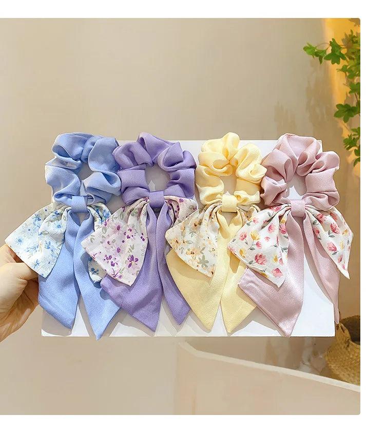 New Floral Print Bow Elastic Hair Bands Women Hair Ties Women Elegant Ribbon Rubber Band Headwear Girls Women  Hair Accessories
