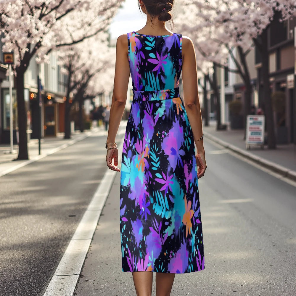 Elegant Floral Dress for Women Breathable A-Line Sleeveless Dress Chic Blue & White with Pink Blooms Office To Vacation Dress