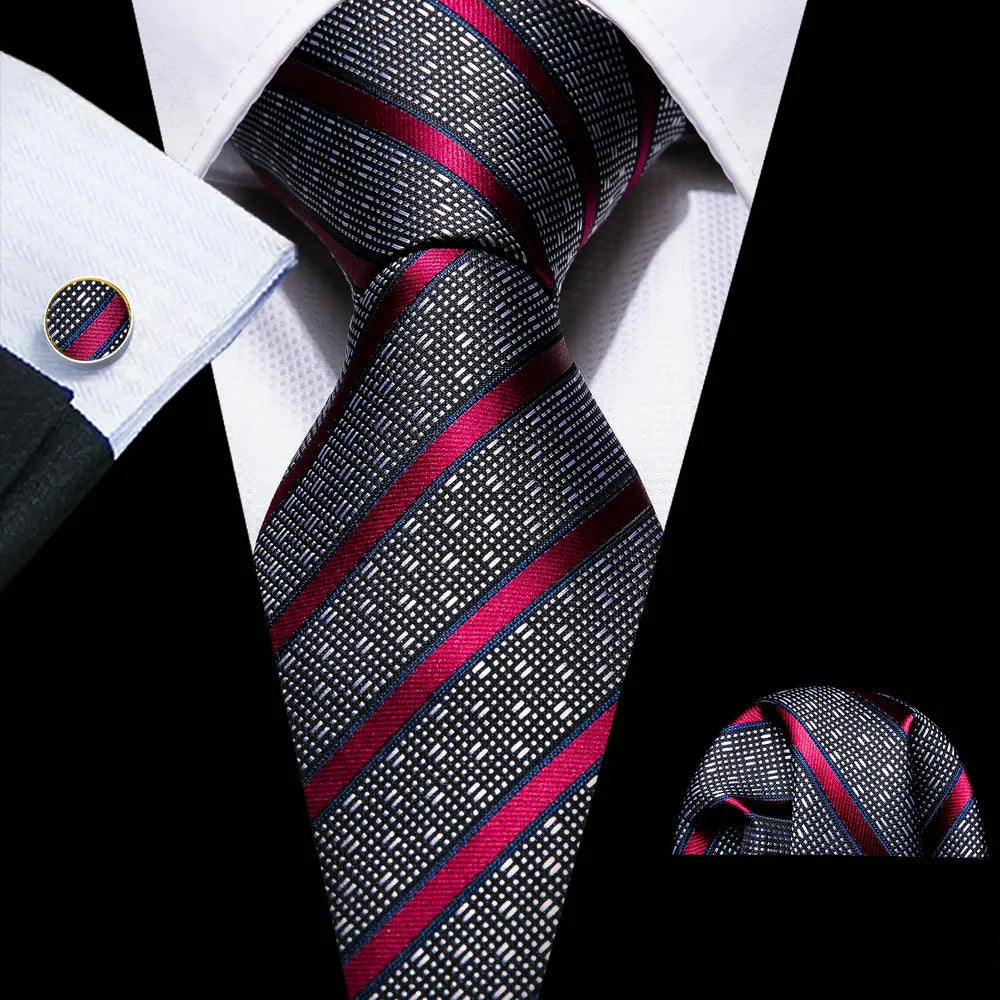 Fashion Khaki Striped Men Silk Necktie Fahsion Tie Handkerchief Cufflinks Sets Male Wedding Business Gift Barry.Wang Stylish