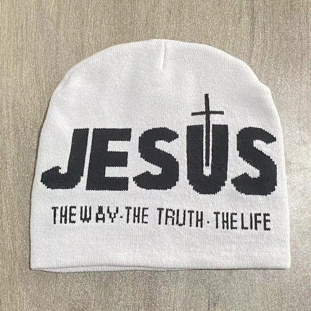 Y2k Women Jacquard Alphabet JESUS Knit Beanies Hat Men Letter Winter Fashion Kpop Goth Warm Hip Hop Thermal Unisex Pullover Hat