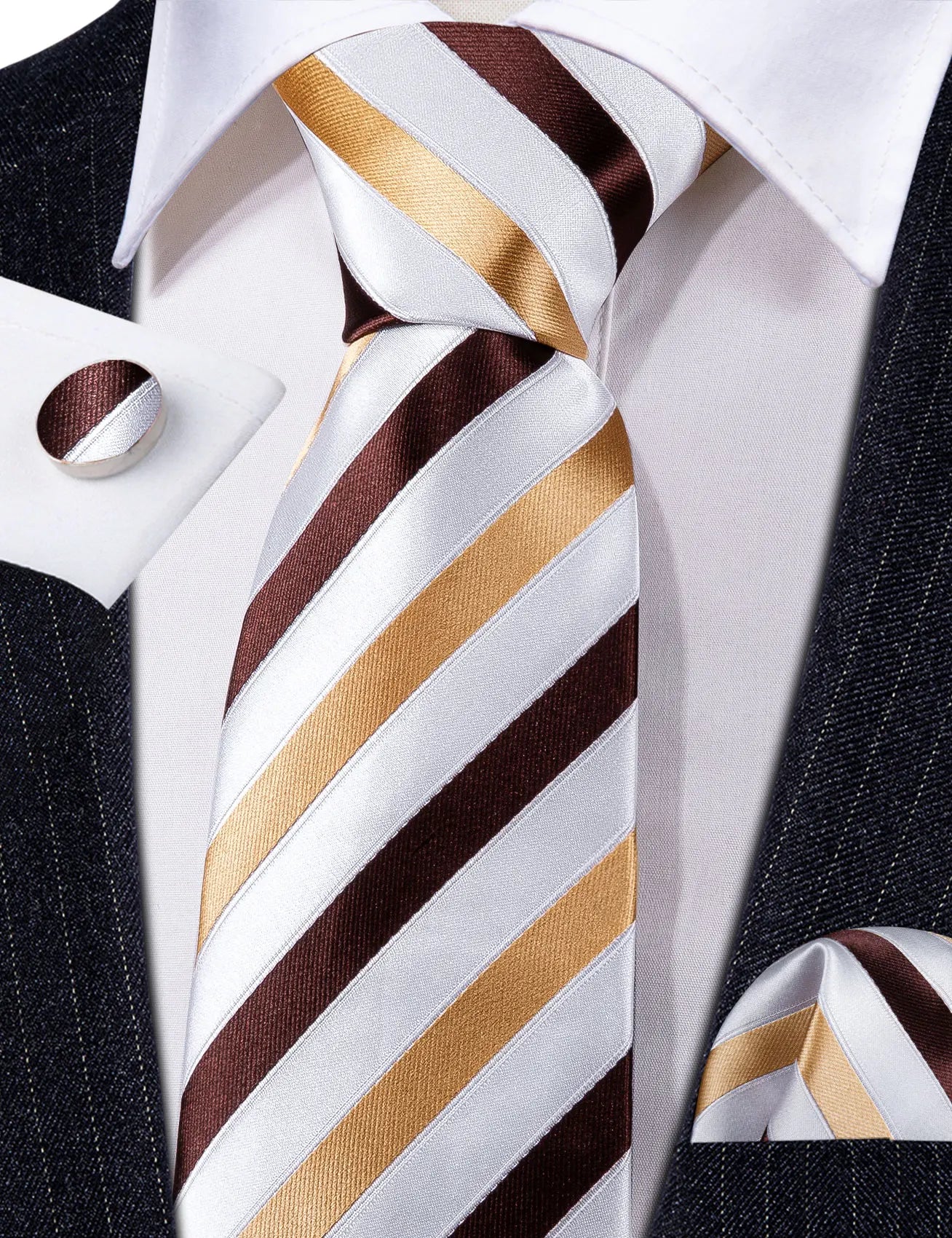Fashion Khaki Striped Men Silk Necktie Fahsion Tie Handkerchief Cufflinks Sets Male Wedding Business Gift Barry.Wang Stylish