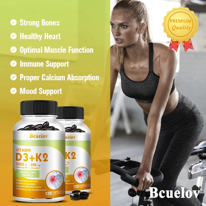 Bcuelov Vitamin D3+K2, 5000 IU Vitamin D3, non-GMO formula, easy-to-swallow vitamin D and K complex dietary supplement