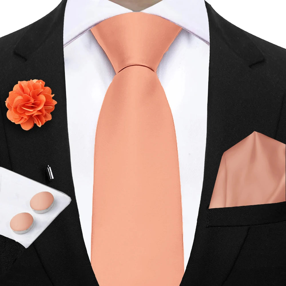 Mens Ties Solid NeckTie Pocket Square Brooch Set Men's Wedding Pink Blue Purple Tie Suit Accessories Fit Group Holiday Party