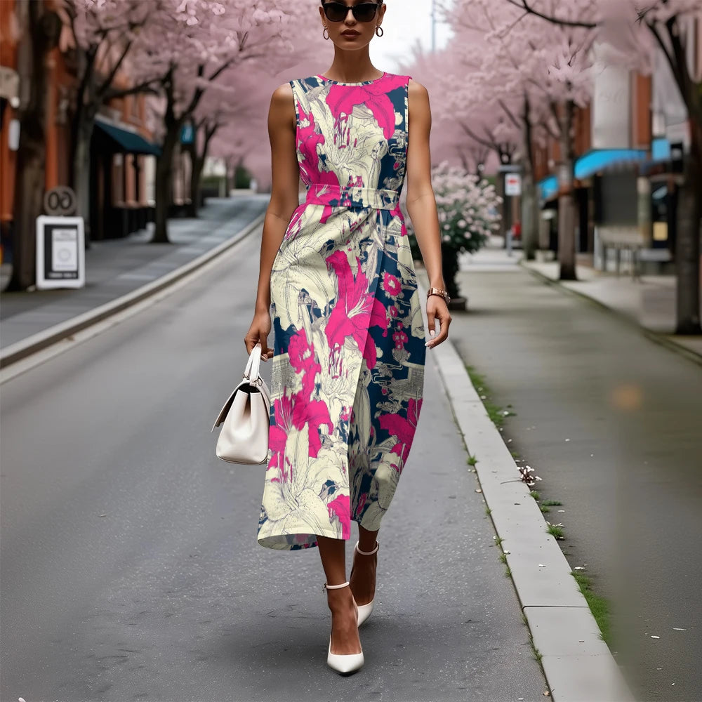Elegant Floral Dress for Women Breathable A-Line Sleeveless Dress Chic Blue & White with Pink Blooms Office To Vacation Dress
