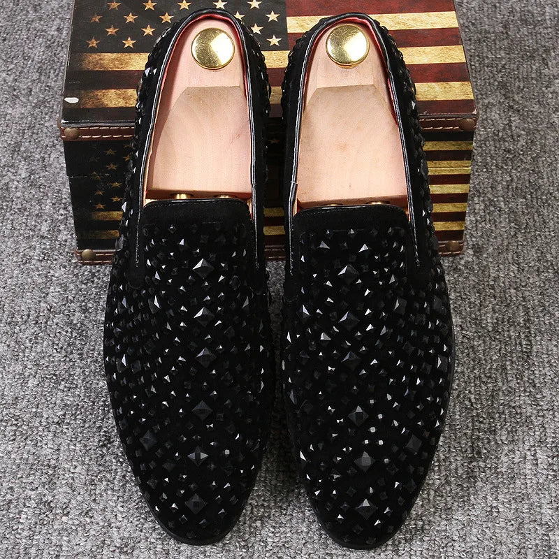 Dress Shoes for Men Luxury Pointed Toe Black Loafers Denim Metal Sequins Shoes Fashion High Quality Men Party Wedding Shoes New