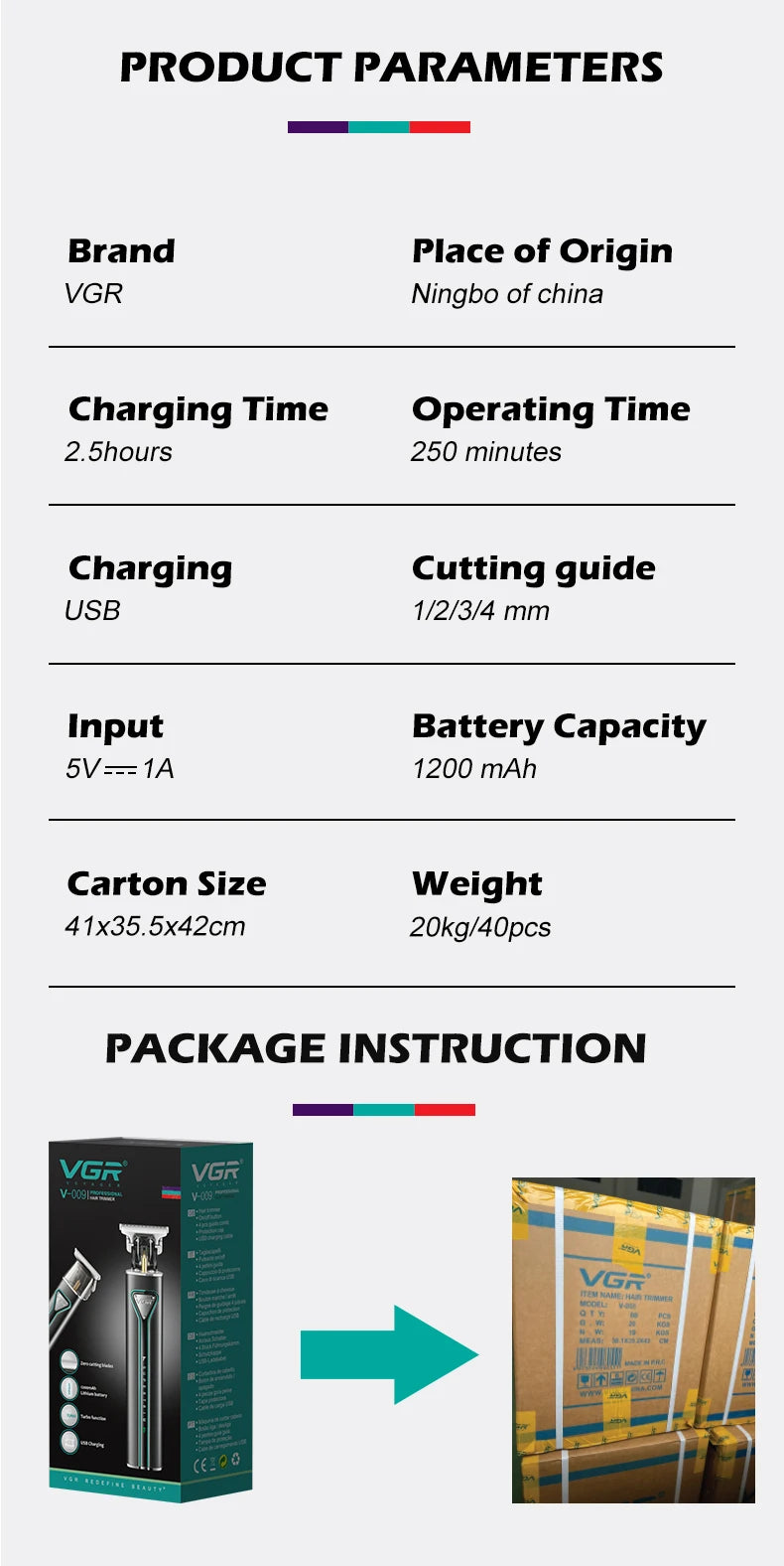 VGR Hair Clipper T9 Hair Trimmer Professional Hair Cutting Machine Metal Wireless Electric Rechargeable Clippers for Men V-009