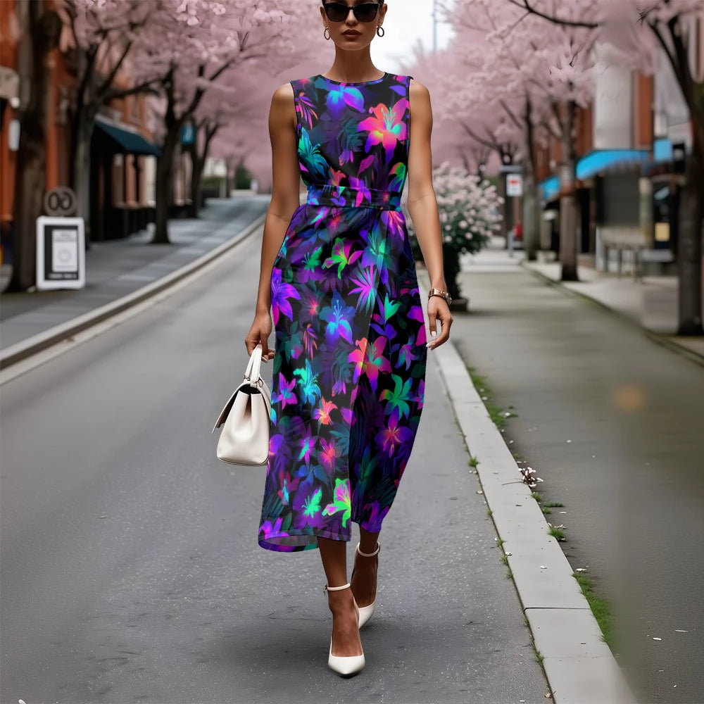 Elegant Floral Dress for Women Breathable A-Line Sleeveless Dress Chic Blue & White with Pink Blooms Office To Vacation Dress
