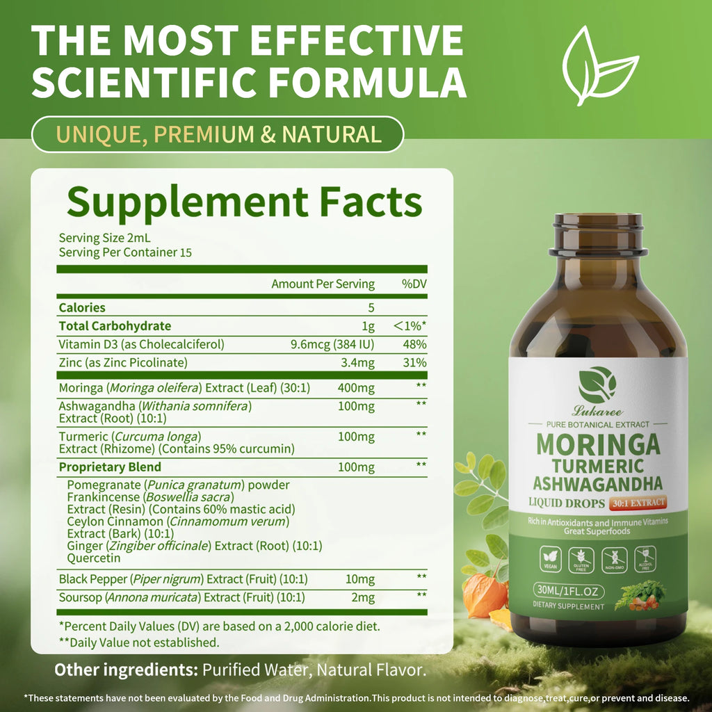 12-in-1 Organic Moringa Drops with Ashwagandha Turmeric Quercetin for Energy Immune Joint Digestive Metabolism, Vegan Non-GMO