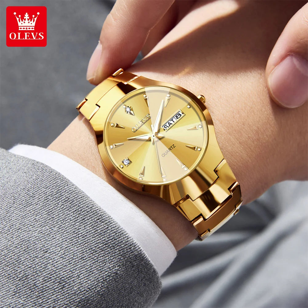 OLEVS Fashion Mens Watches Top Brand Luxury Tungsten Steel Gold Quartz Watch for Man Waterproof Luminous Date Week Wristwatch