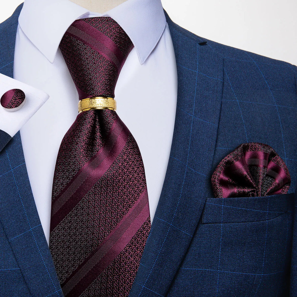 Men Tie with Golden Color Metal Ring Fashion 8cm Tie Set Handkerchief Cufflinks Business Wedding Party Accessories Gift for Men