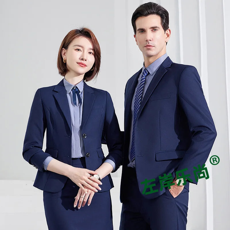 Men's Formal Business Suit Set Black Grey Blue Blazer Pants 2 Piece Work Wear For Office Sales Property 4S Store Staff