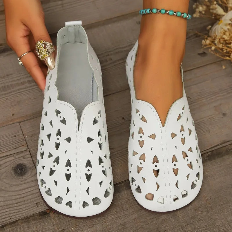 2025 Women Flat Shoes Genuine Leather Woman Pointed Toe Flats Summer Lady Hollow Out Loafers Women Shoes Sandals