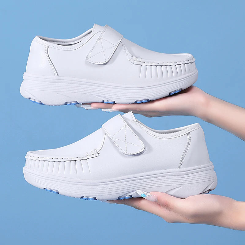 Women's Genuine Leather Nurse Shoes Soft Bottom Comfortable Breathable Anti-Slip Magic Tape Work Shoes Black White Spring Autumn
