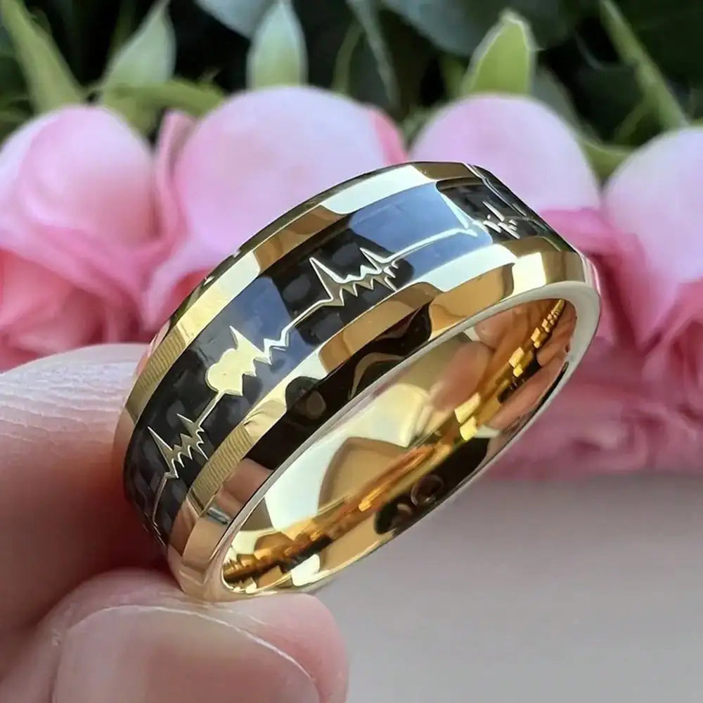 8mm Trendy Stainless Steel Rings For Men Jewelry Party Gift Fashion Black Carbon Fiber Golden Heart Rate Line Men Rings