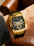GUESS Watches for Men Original Luxury Gold Tone Black Dial Tonneau Multifunction Quartz Chronograph Silicone Strap Wristwatch