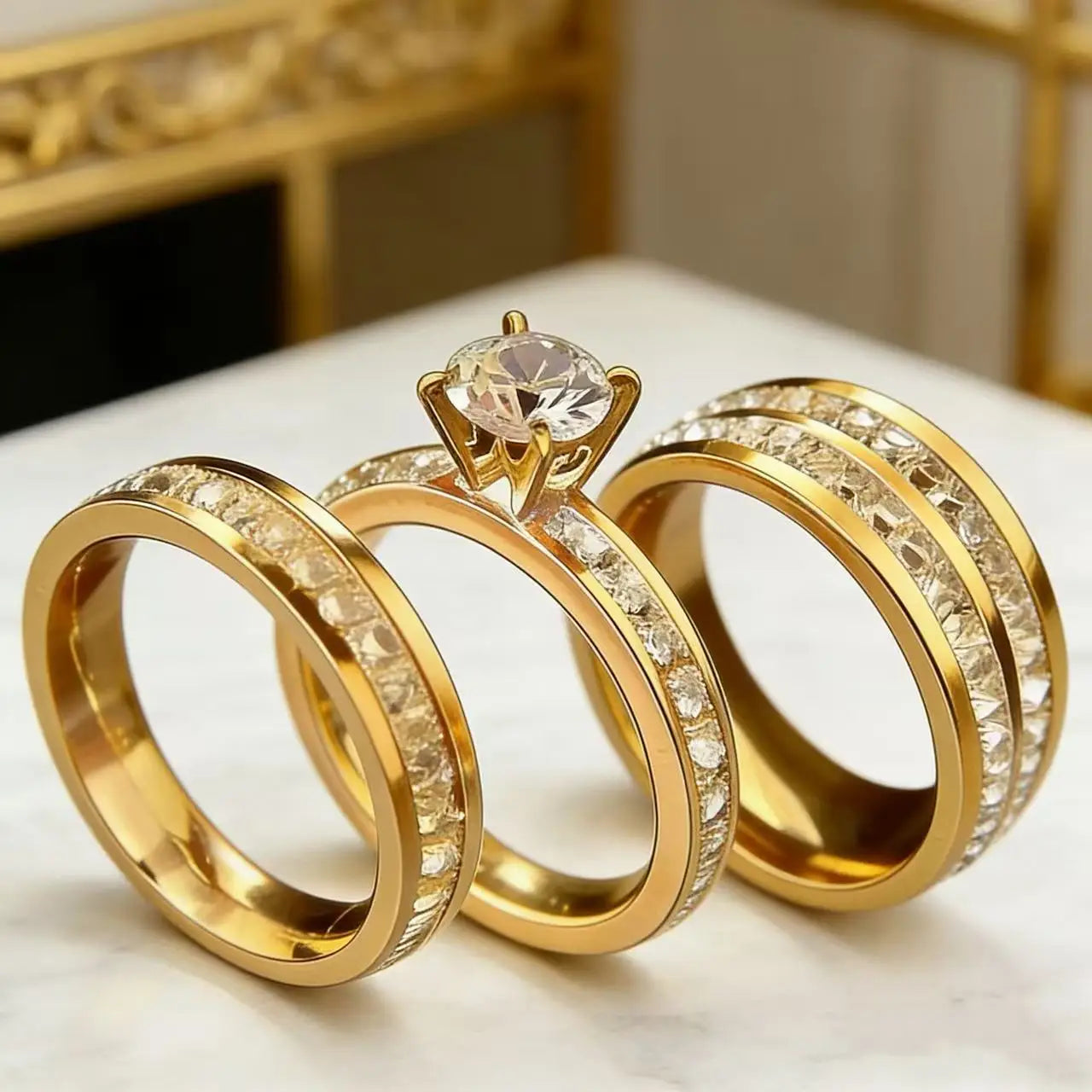 3PCS Set Gold Plated Zirconia (CZ)  Wedding Engagement Band Stainless Steel Ring For Women Classic Jewelry Accessories Gift