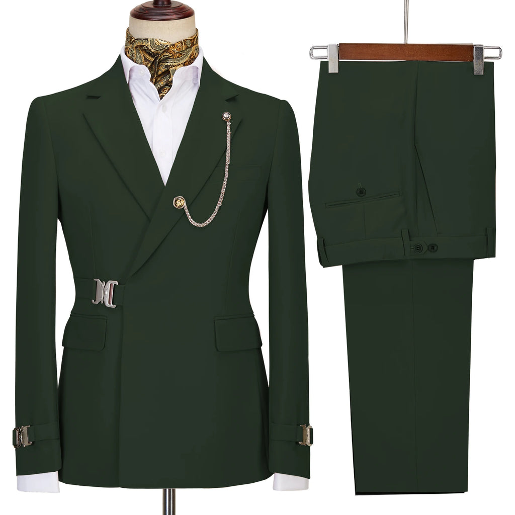 Elegant Men's Suit 2 Pieces Fashion Metal Buckle Jacket Boutique Business Casual Suit Coat Groom Wedding Dress (Blazers+Pants)