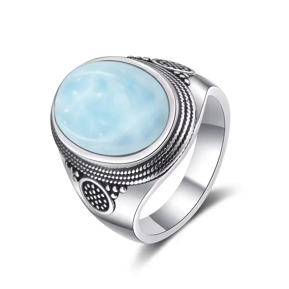 Vintage 925 Silver Ring Natural Larimar Stone Ring Round Flower Shape Sky Blue Summer Ring Fine Jewelry Gift for Men Women