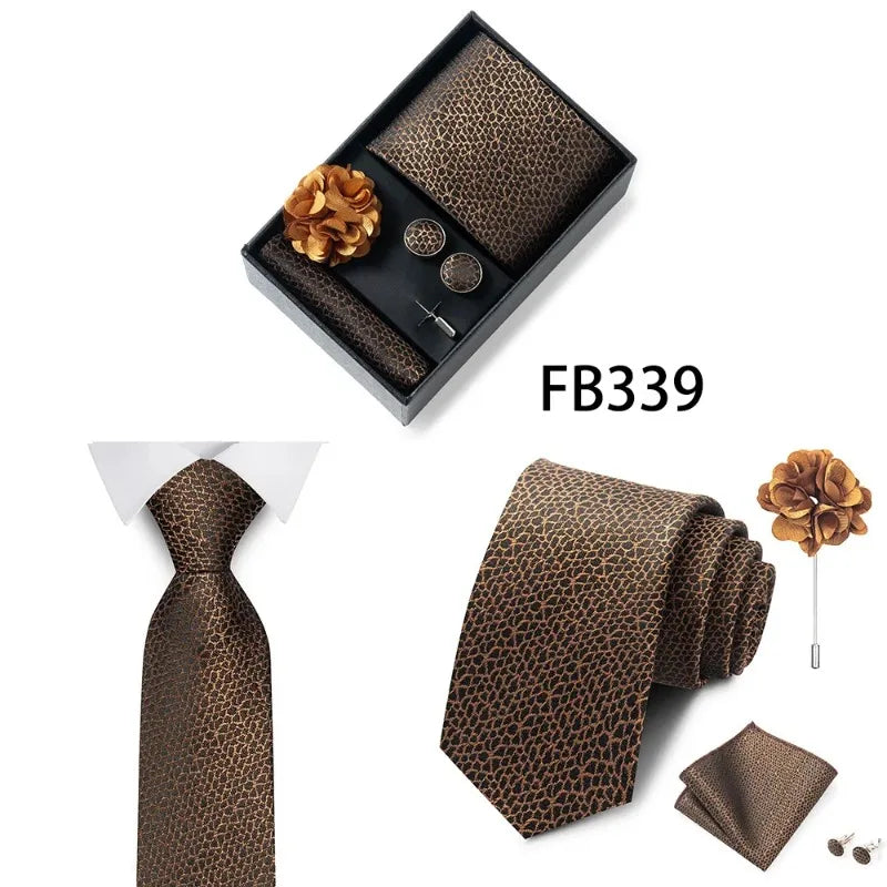 Luxury and Fashionable Men's Tie Gift Box Includes Tie, Handkerchief, Cufflinks, Tie Clip, Brooch