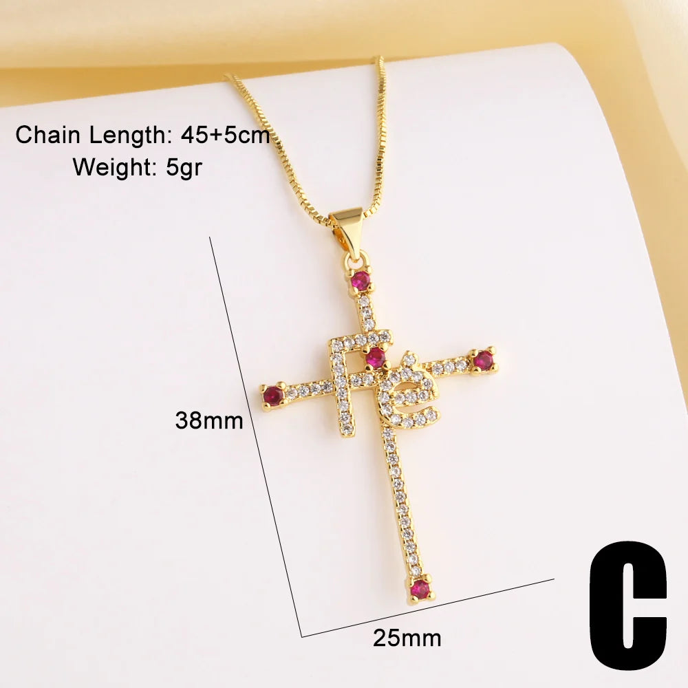 FLOLA New Design Gold Plated Rose Flower Cross Necklaces for Women CZ Crystal Fe Cross Necklaces Catholic Jewelry nkeb489