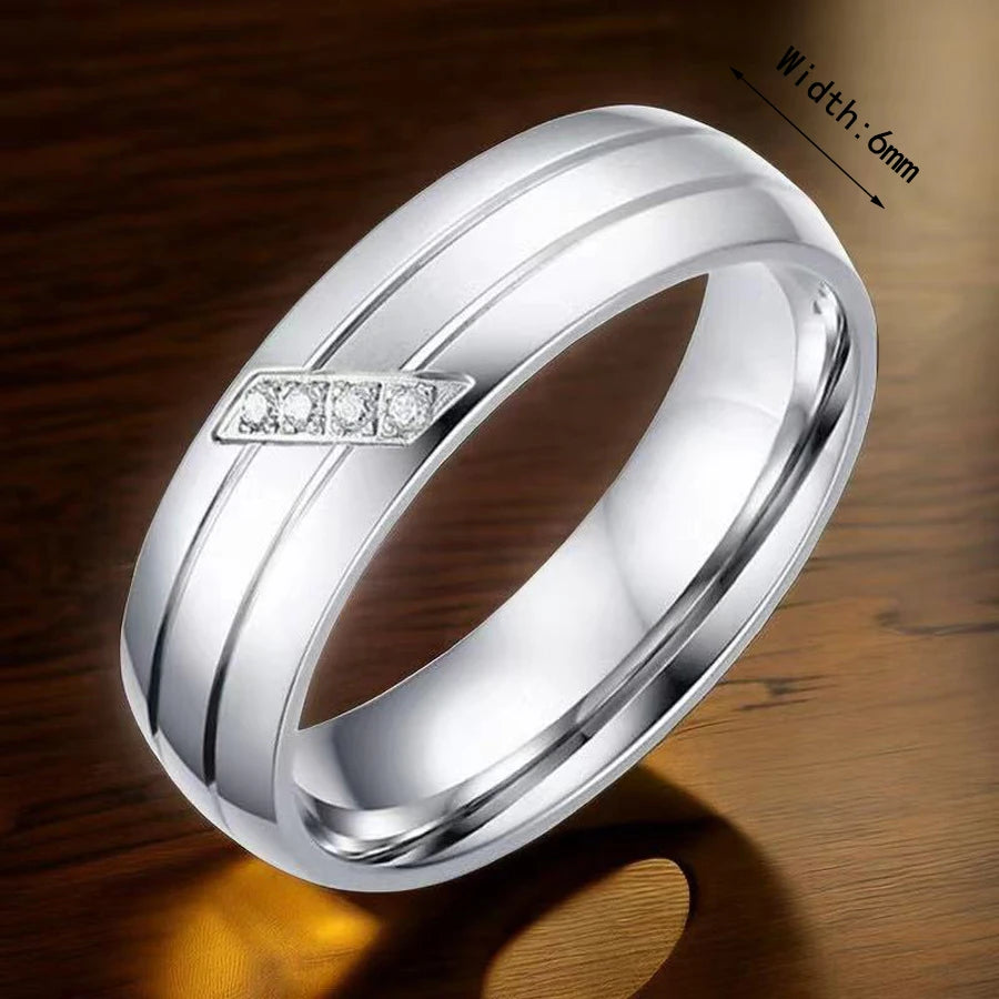 1Piece Gold Tone Silver Plated Stainless Steel Titanium Ring Cubic Zircon Rhinestone Couple Engagement Wedding Jewelry Men Women