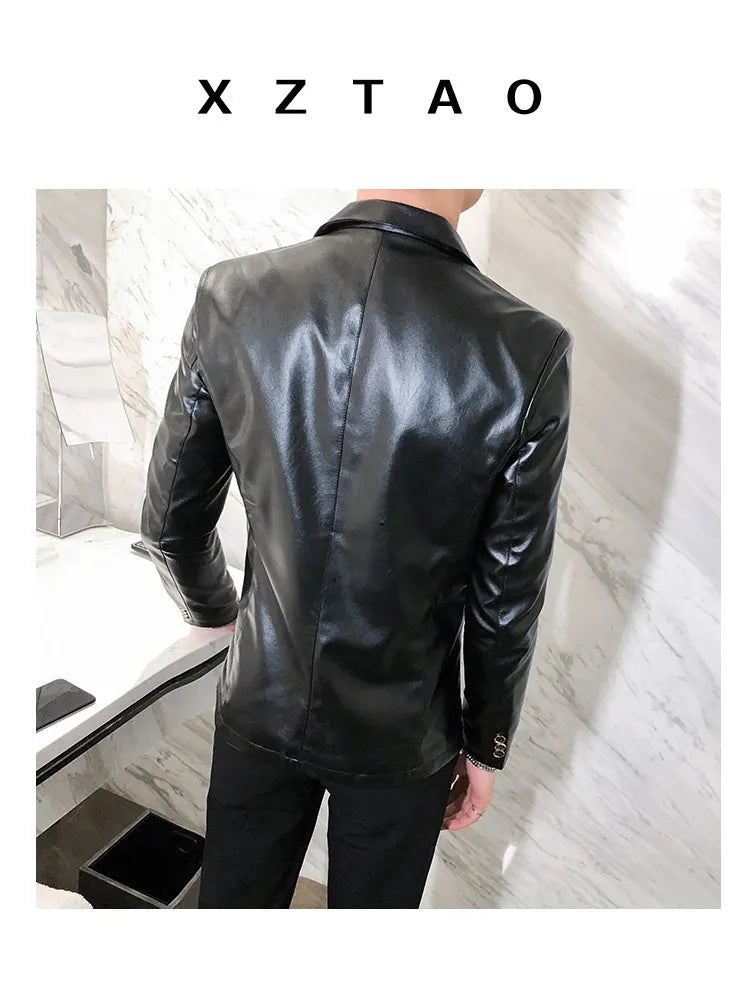 Men Casual Black White Suit Leather Jacket /Men Solid Color Business Suit Collar PU Blazers Dress Coat Fashion /New Men Clothing