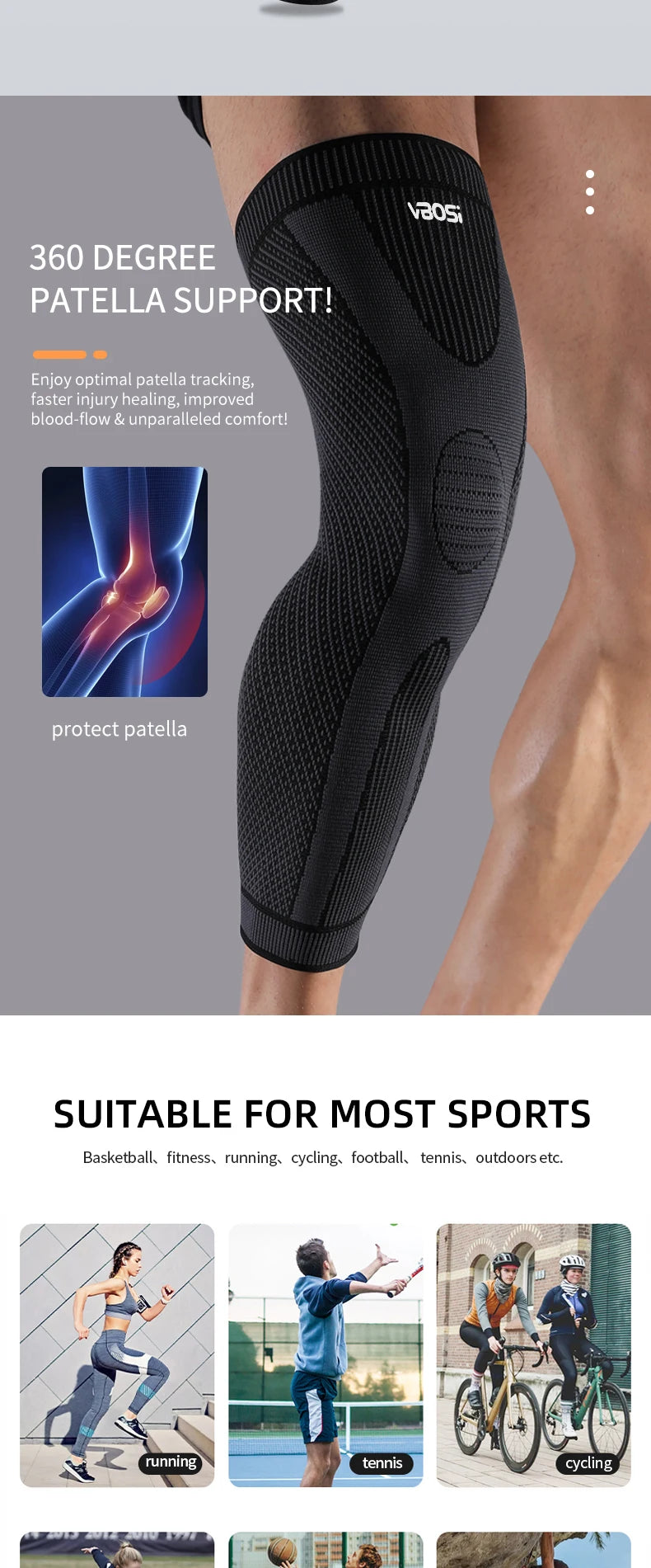VBOSi 1 Piece Men Women Compression Knee Support Leg Sleeve Breathable Elastic for Sports - Running Basketball