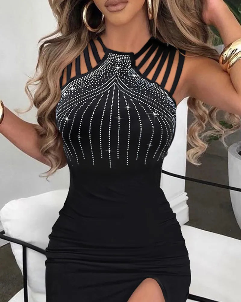 2026 Women’s Dress with Stylish Embroidered Beads, Flared Hem, and Back Slit – Perfect for Nightclubs and Parties.