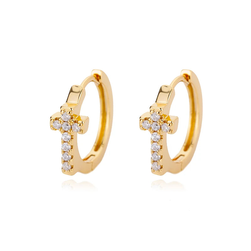CZ Zircon Cross Hoop Earrings For Women Stainless Steel Hip Hop Punk Small Geometric Round Earrings Religion Jewelry Gift
