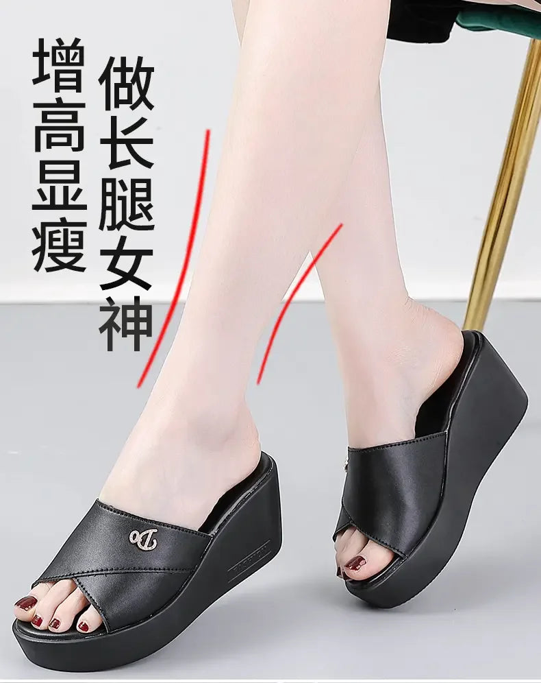 Women shoes Summer Fashion  leather Leisure shoes women platform wedges Fish Mouth Sandal Thick Bottom Slippers