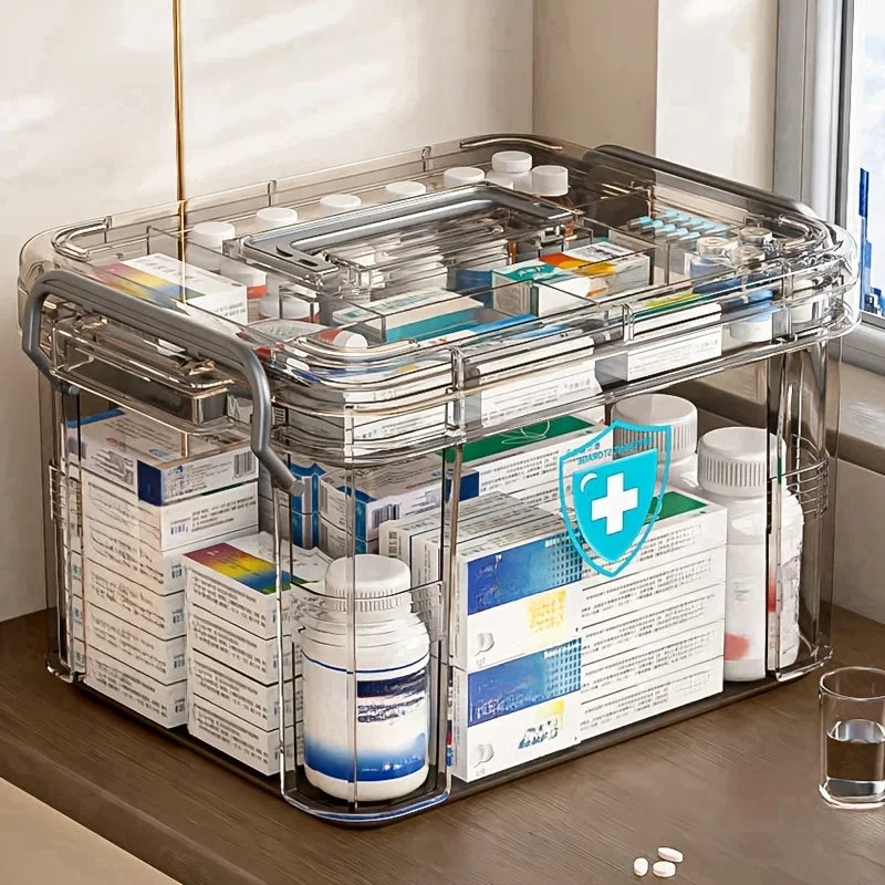 Clear Medicine Organizer Storage Box with Tray, Plastic First Aid Box Empty, Thickened Medicine Container Chest