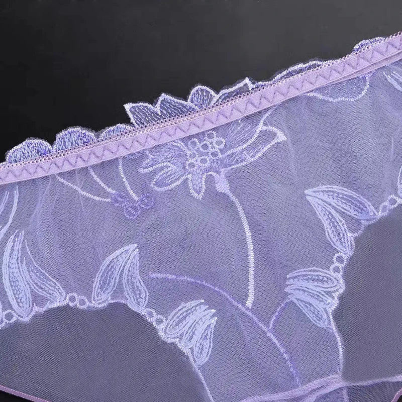 3PCS Solid Full Mesh Sexy Briefs Embroidered Floral Transparent Panties Plus Size Seamless Underwear Low Waist Erotic Lingerie