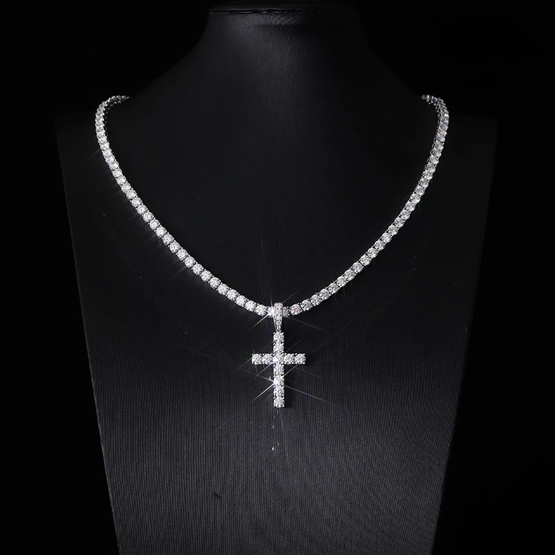 Provence Moissanite Cross Neclace for Women S925 Link Chain 4mm D Color VVS1 Tennis Necklace for Ladies Silver Cross Pendant