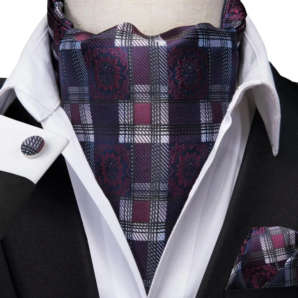 Hi-Tie Mens Ascot Black Pink Blue Red Gold Green Purple White Cravat Tie Hanky Cufflinks for Male Wedding Business Prom