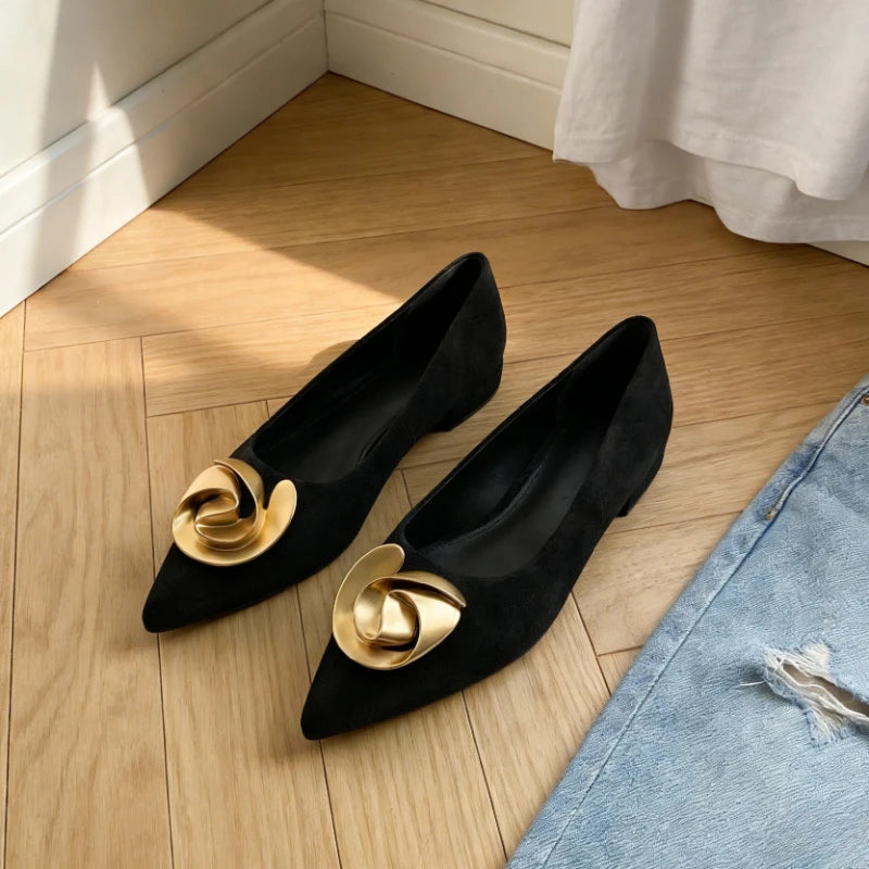 Elegant Office Women's Dress Shoes 2026 Summer New Black Shallow Pointed Toe Fashion Metal Flower Comfortable Ladies Flats