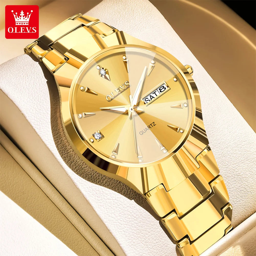 OLEVS Fashion Mens Watches Top Brand Luxury Tungsten Steel Gold Quartz Watch for Man Waterproof Luminous Date Week Wristwatch