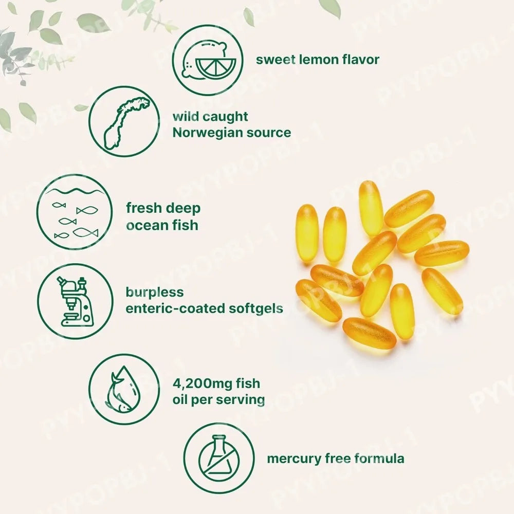 Triple Strength Omega 3 Fish Oil Supplements 4200mg Per Serving 120 Softgels Lemon Flavored Burpless EPA