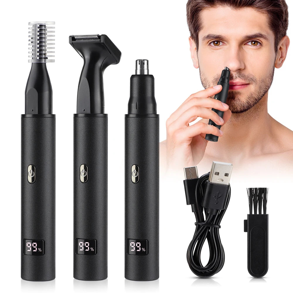 3 in 1 Electric Nose Ear Hair Trimmer for Men LED Display Eyebrow Beard Hair Clipper Shaver USB Rechargeable Easy Cleansing