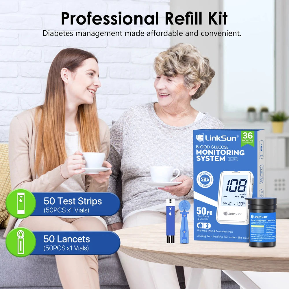 LinkSun G-425-1/-2/-3 Glucosemeter Monitor Complete Kit 10/50/100pcs Test Strips Blood Sugar Tester Diabetes Blood Glucose Meter