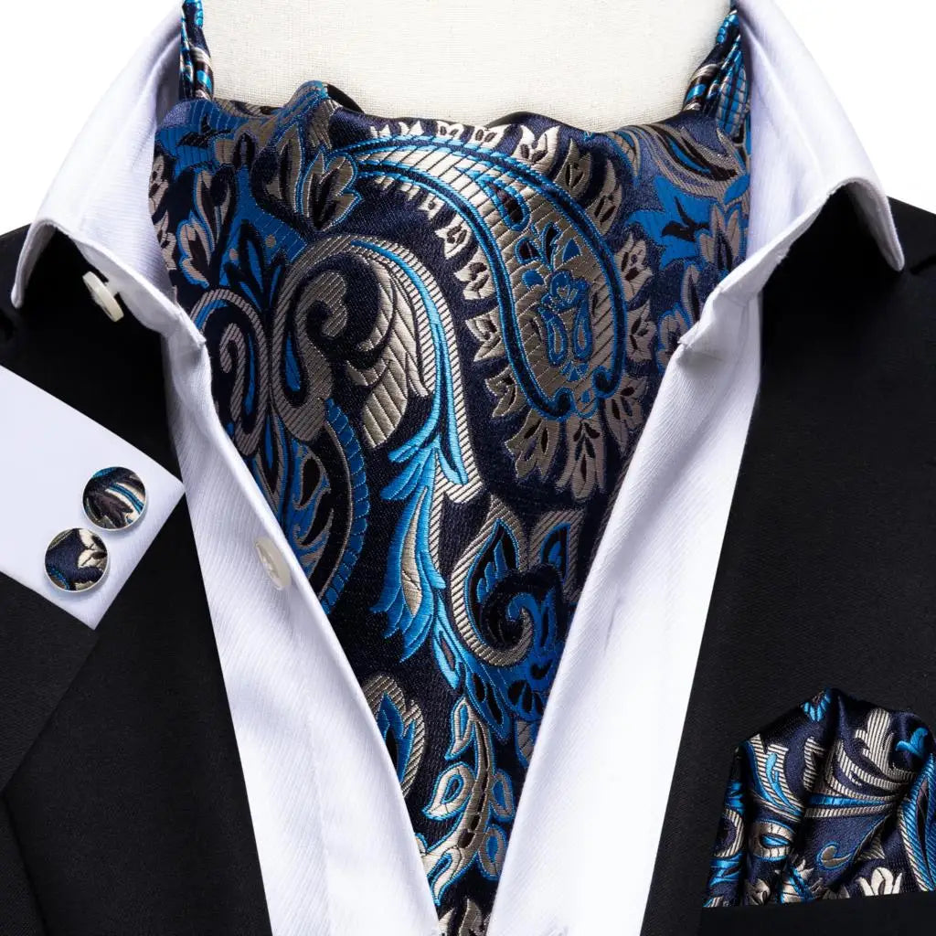 Hi-Tie Mens Ascot Black Pink Blue Red Gold Green Purple White Cravat Tie Hanky Cufflinks for Male Wedding Business Prom